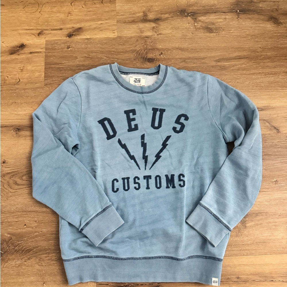 Blue Crewneck Sweater with Bold Text Design